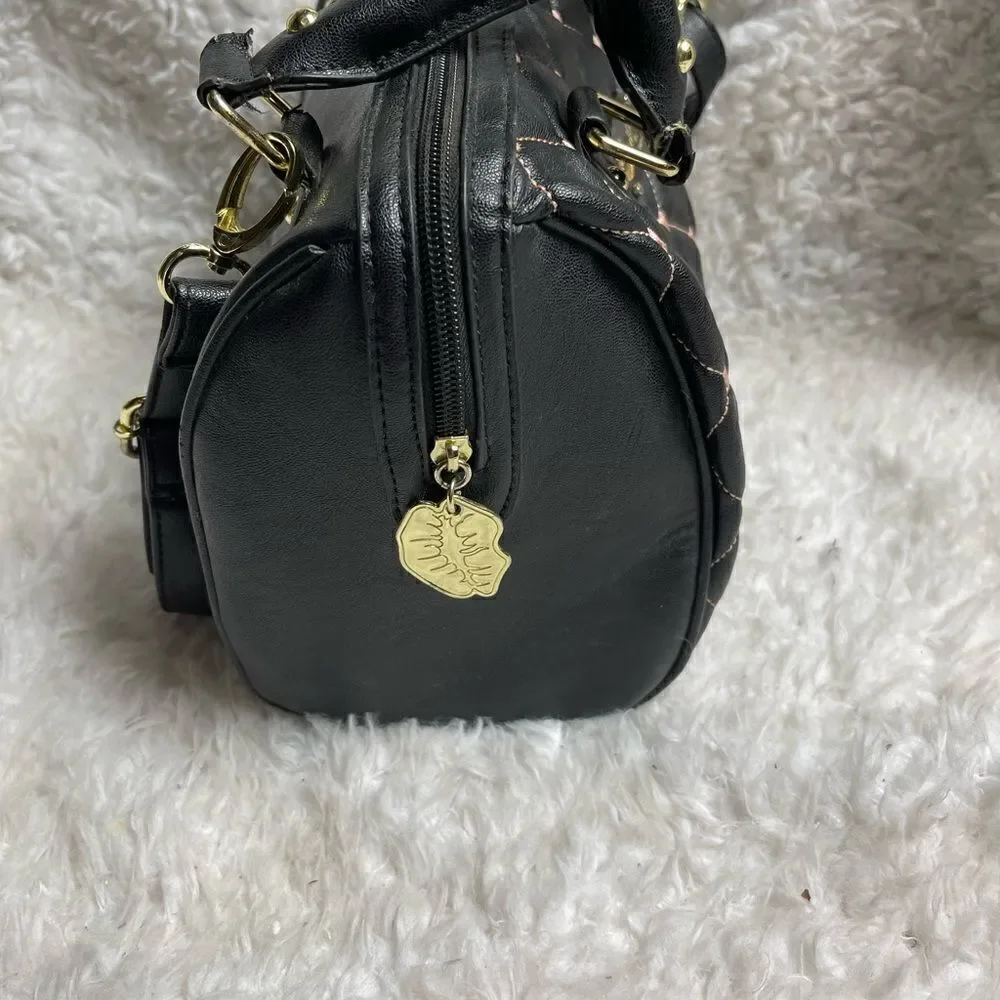 Betsey Johnson small quilted black Boston bag with pink heart embroidery